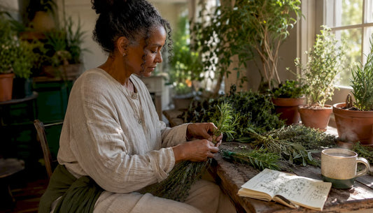 Woman sorting ancestral herbs at cottage table