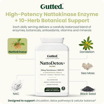 Gutted™ Nattokinase 200mg 4000 FU |High Strength, 60 Capsules,Enzymes | Heart, Blood Pressure & Circulation Support | Vitamin D, Black Seed, Selenium & Dandelion | Non GMO, No Fillers | UK