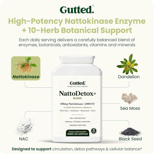 Gutted™ Nattokinase 200mg 4000 FU |High Strength, 60 Capsules,Enzymes | Heart, Blood Pressure & Circulation Support | Vitamin D, Black Seed, Selenium & Dandelion | Non GMO, No Fillers | UK