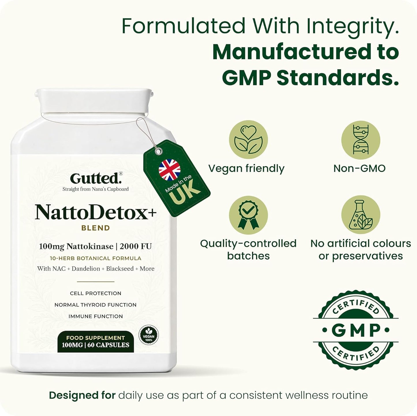 Gutted™ Nattokinase 200mg 4000 FU |High Strength, 60 Capsules,Enzymes | Heart, Blood Pressure & Circulation Support | Vitamin D, Black Seed, Selenium & Dandelion | Non GMO, No Fillers | UK