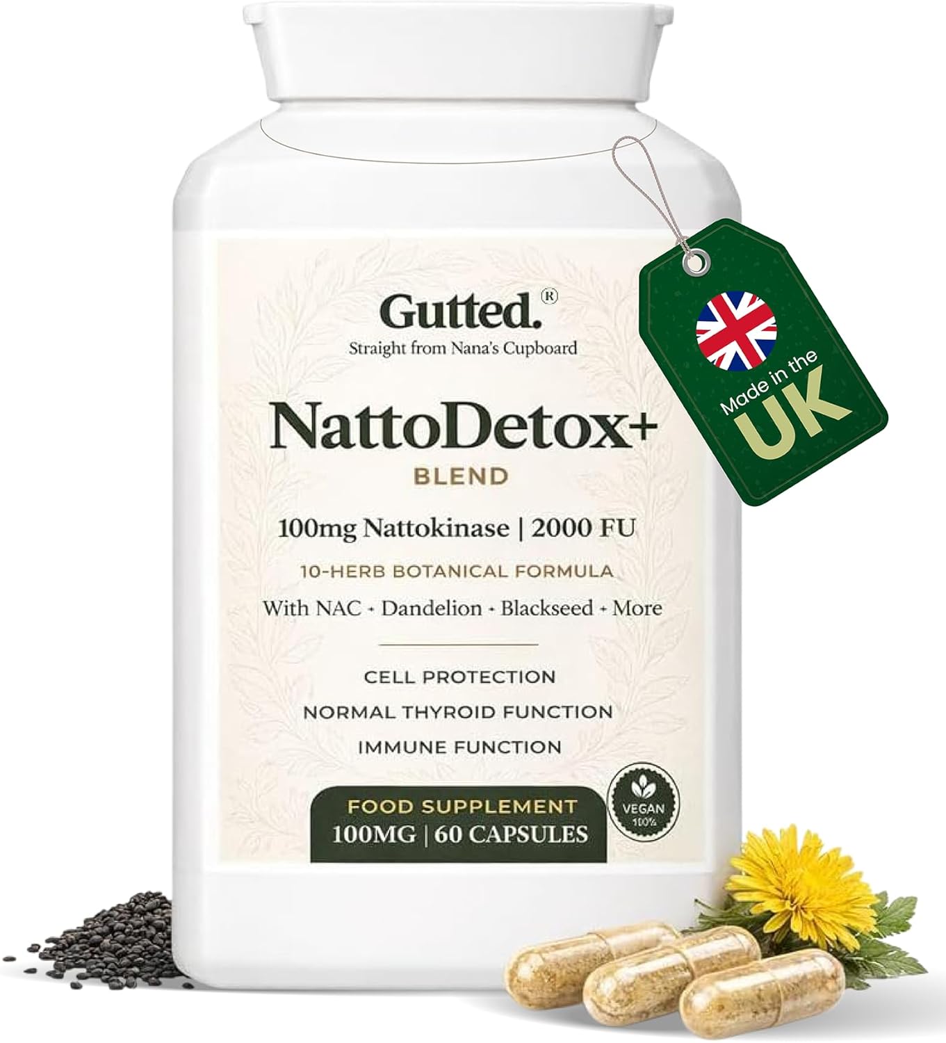 Gutted™ Nattokinase 200mg 4000 FU |High Strength, 60 Capsules,Enzymes | Heart, Blood Pressure & Circulation Support | Vitamin D, Black Seed, Selenium & Dandelion | Non GMO, No Fillers | UK