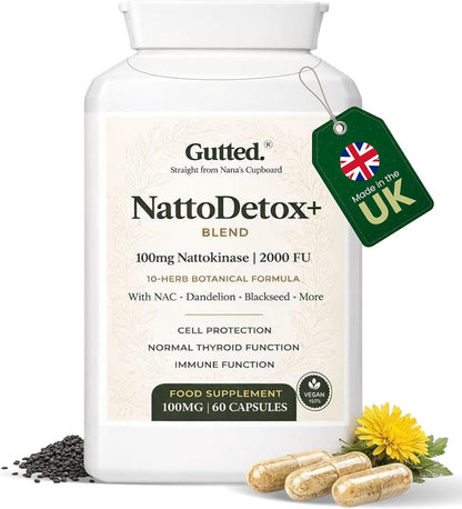 Gutted™ Nattokinase 200mg 4000 FU |High Strength, 60 Capsules,Enzymes | Heart, Blood Pressure & Circulation Support | Vitamin D, Black Seed, Selenium & Dandelion | Non GMO, No Fillers | UK