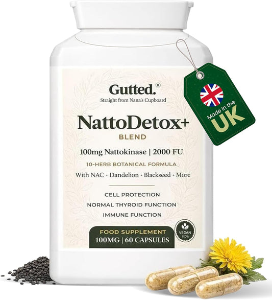 Gutted™ Nattokinase 200mg 4000 FU |High Strength, 60 Capsules,Enzymes | Heart, Blood Pressure & Circulation Support | Vitamin D, Black Seed, Selenium & Dandelion | Non GMO, No Fillers | UK