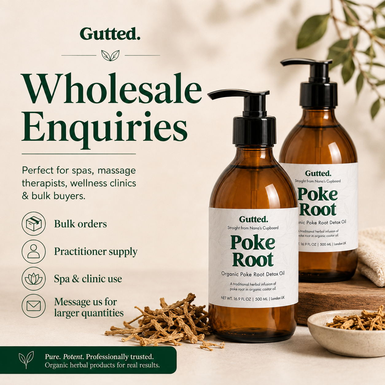 Professional Poke Root Infused Organic Castor Oil | Wholesale & Bulk Massage Oil for Therapists | 500ml & 1L