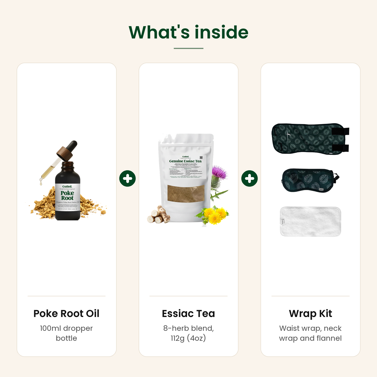 What's inside the Complete bundle: Poke Root Oil 100ml, Essiac Tea 112g and the Castor Oil Wrap Kit
