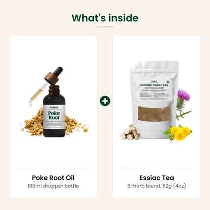 What's inside the Gut + Liver Support Bundle: Poke Root Oil 100ml and Essiac Tea 112g