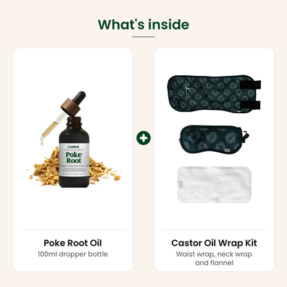 What's inside the Lymphatic Support Bundle: Poke Root Oil 100ml and the Castor Oil Wrap Kit (waist wrap, neck wrap and flannel)